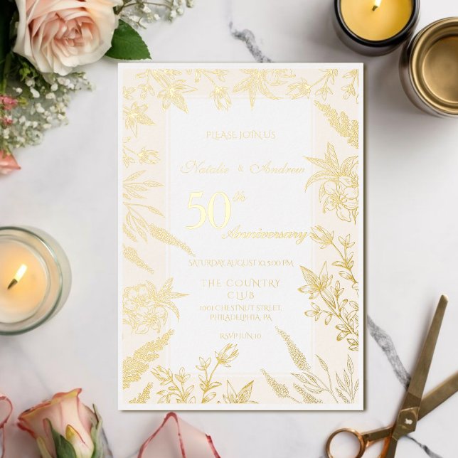 White and Gold Wildflower Anniversary Foil Invitation (Creator Uploaded)