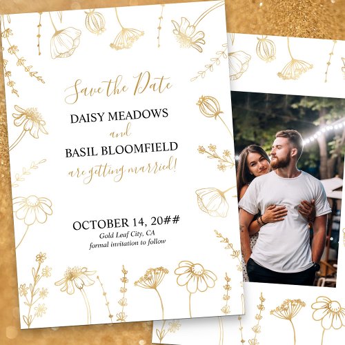 White and Gold Wildflower Sketch Framed Photo Save The Date