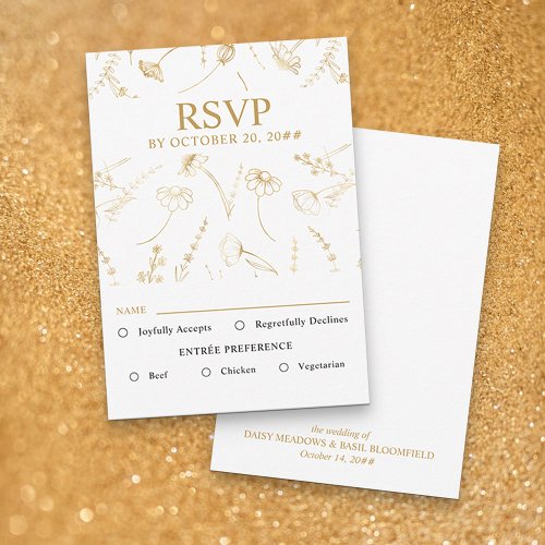 White and Gold Wildflower Sketch Wedding Entree RSVP Card