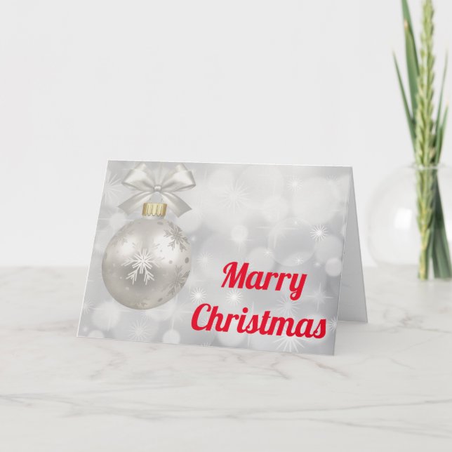 White and Golden Ball With Snow Merry Christmas Holiday Card (Front)