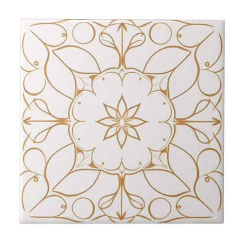 White and golden floral ceramic tile