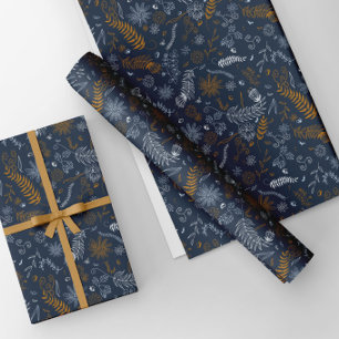 White and golden floral doodles in blue wrapping paper sheets