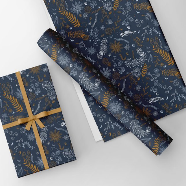 White and golden floral doodles in blue wrapping paper sheets (Creator Uploaded)