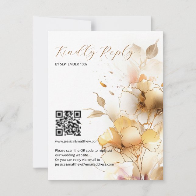 White and Golden Flowers Wedding RSVP Card (Front)