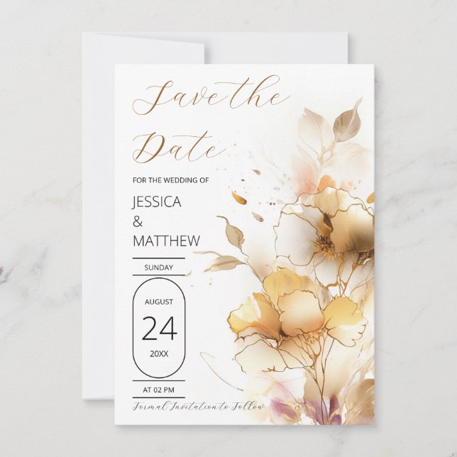White and Golden Flowers Wedding Save The Date (Front)