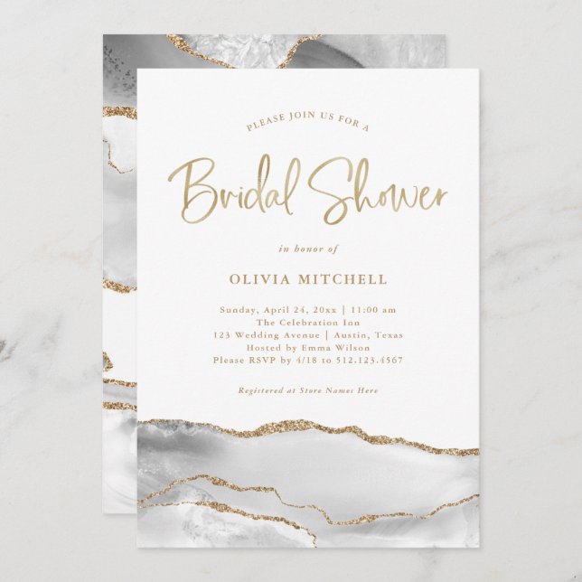 White and Gray Agate with Gold | Bridal Shower Invitation (Front/Back)