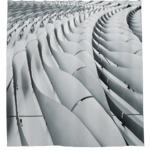 White and gray building structure shower curtain