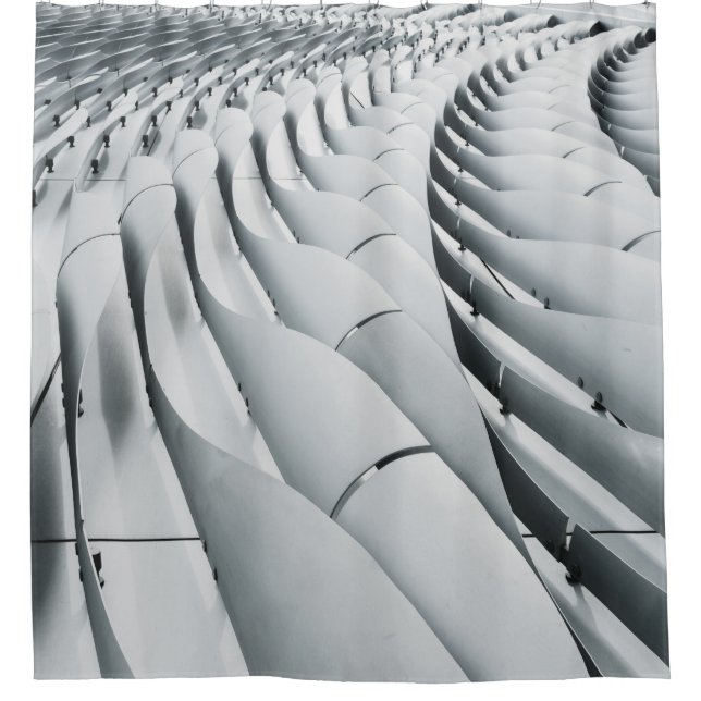 White and gray building structure shower curtain (Front)
