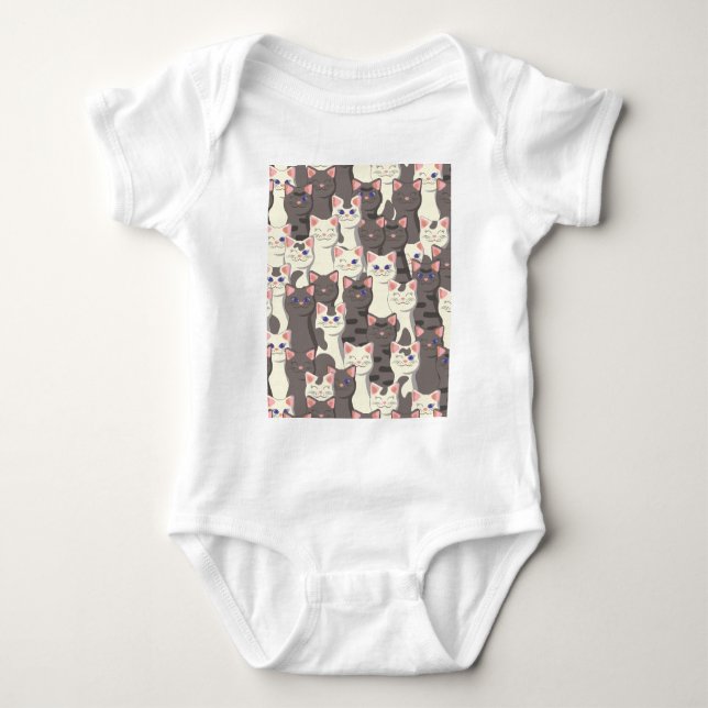 White and gray cats pattern baby bodysuit (Front)