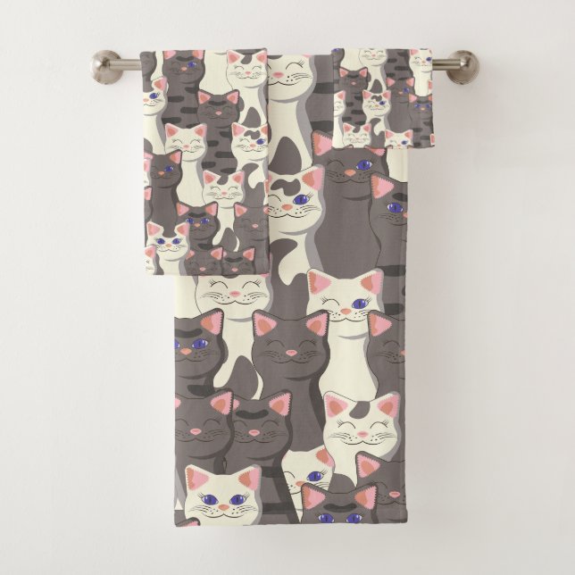White and gray cats pattern bath towel set (Insitu)