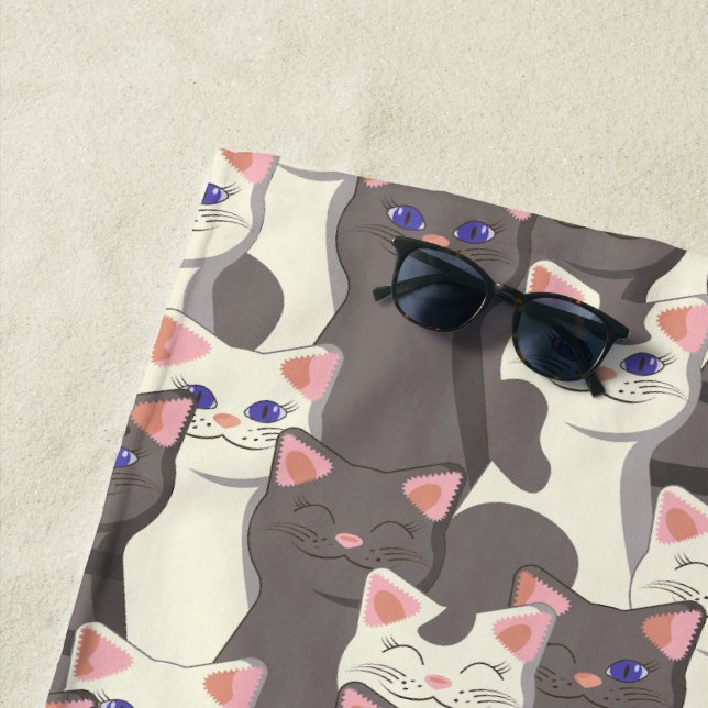 White and gray cats pattern beach towel (In Situ)
