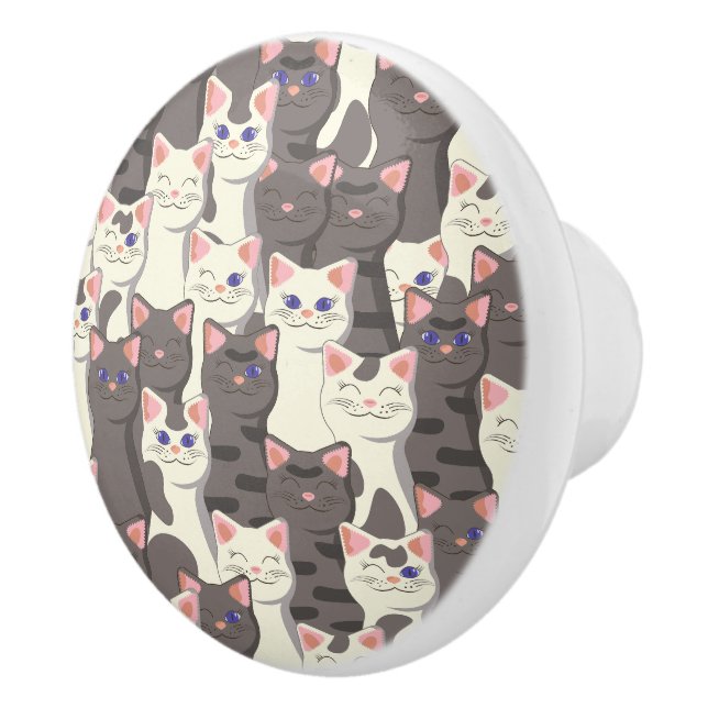 White and gray cats pattern ceramic knob (Right)