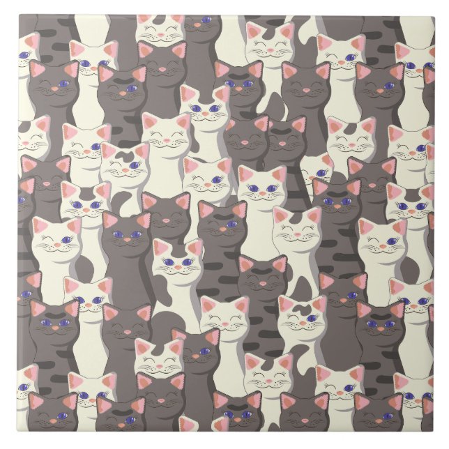 White and gray cats pattern ceramic tile (Front)