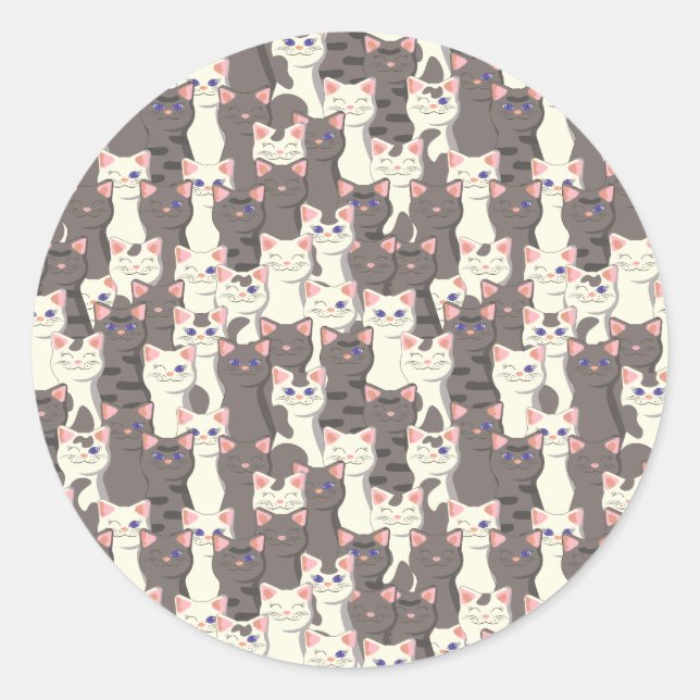 White and gray cats pattern classic round sticker (Front)