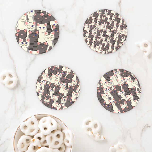 White and gray cats pattern coaster set (In Situ)