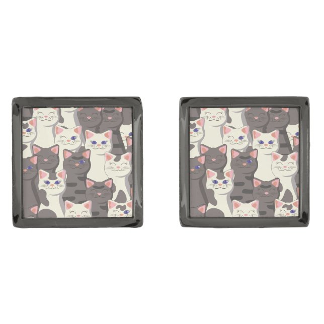 White and gray cats pattern cufflinks (Front)