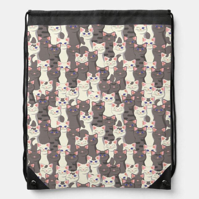 White and gray cats pattern drawstring bag (Front)