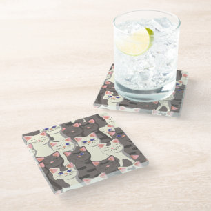 White and gray cats pattern glass coaster