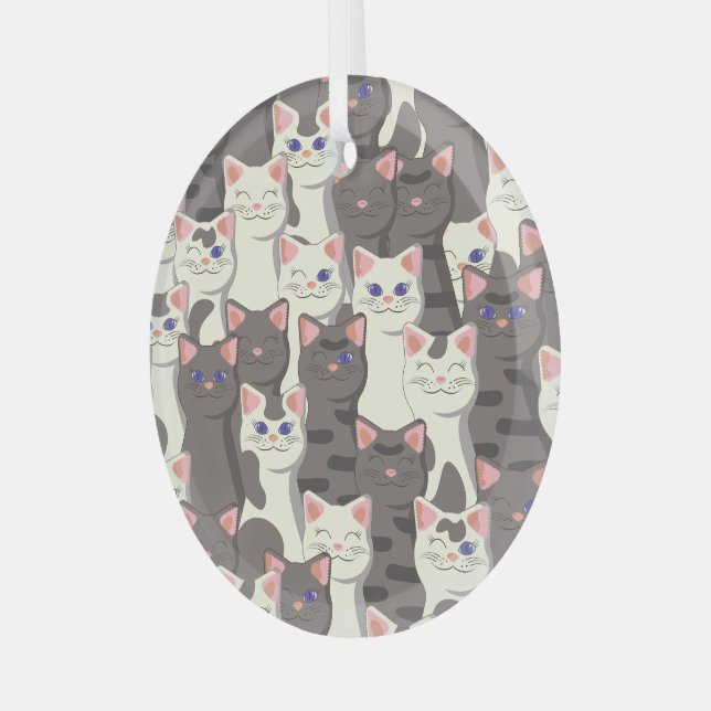 White and gray cats pattern glass ornament (Front Left)