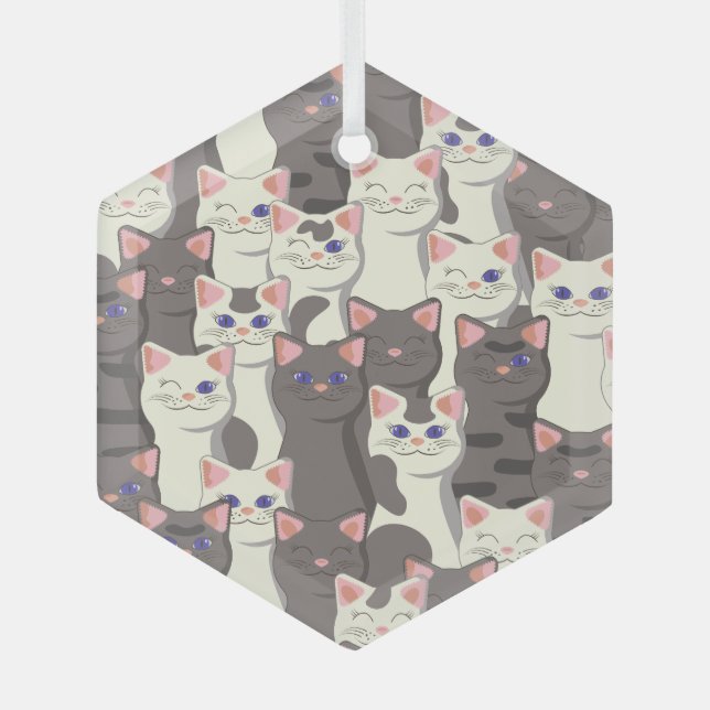 White and gray cats pattern glass ornament (Front)