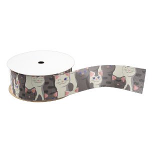 White and gray cats pattern grosgrain ribbon
