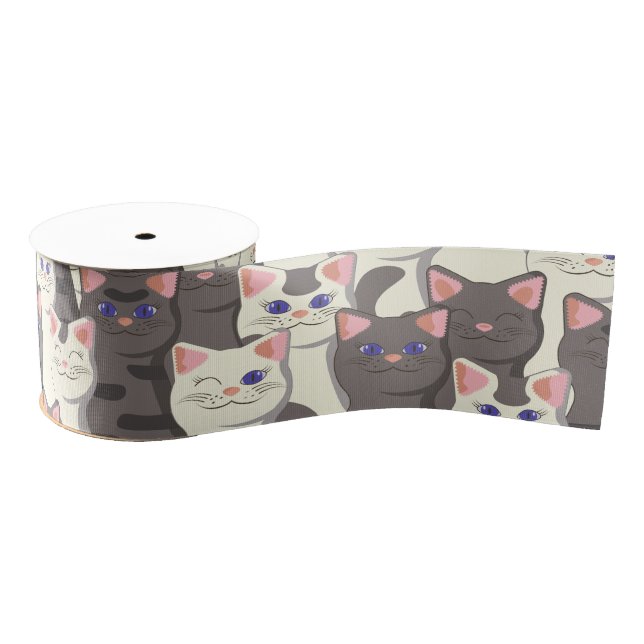 White and gray cats pattern grosgrain ribbon (Spool)
