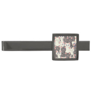 White and gray cats pattern gunmetal finish tie bar