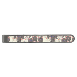 White and gray cats pattern gunmetal finish tie bar