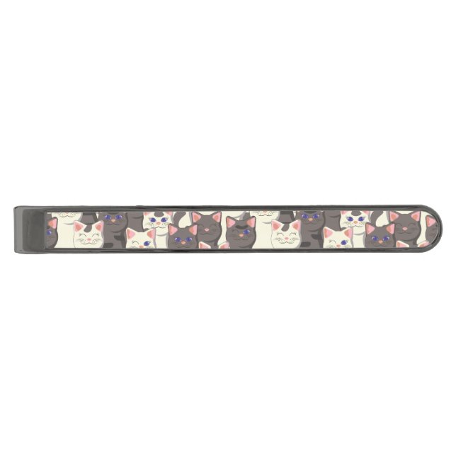 White and gray cats pattern gunmetal finish tie bar (Front)