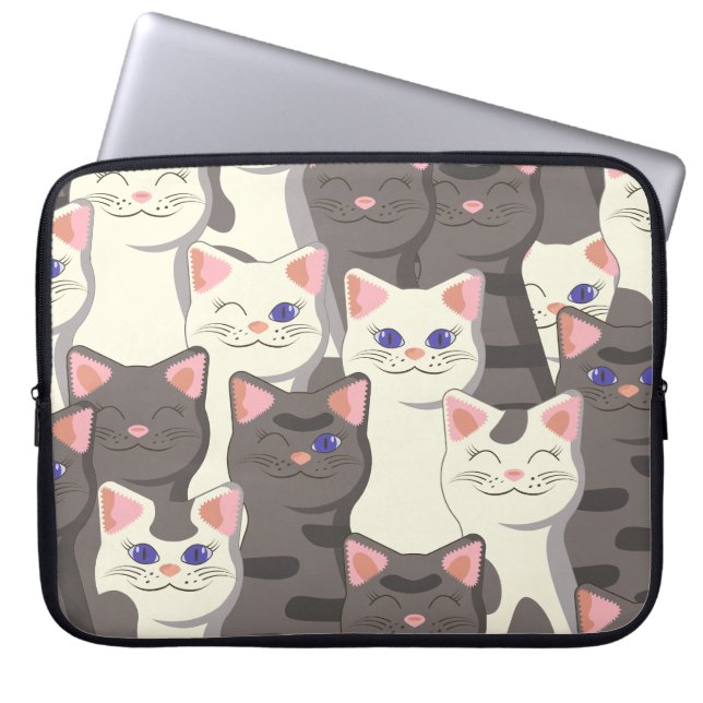 White and gray cats pattern laptop sleeve (Front)