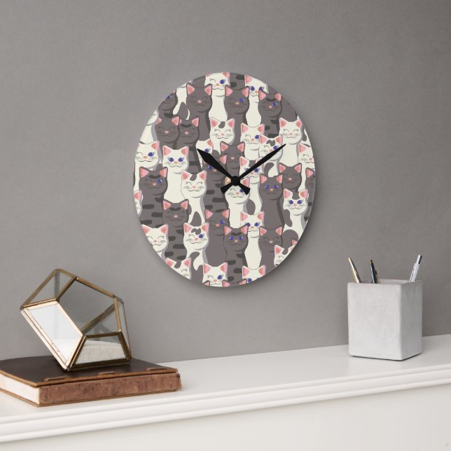 White and gray cats pattern large clock (Office)