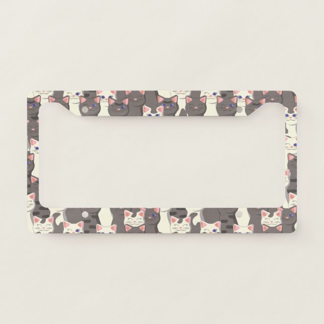 White and gray cats pattern license plate frame (Front)