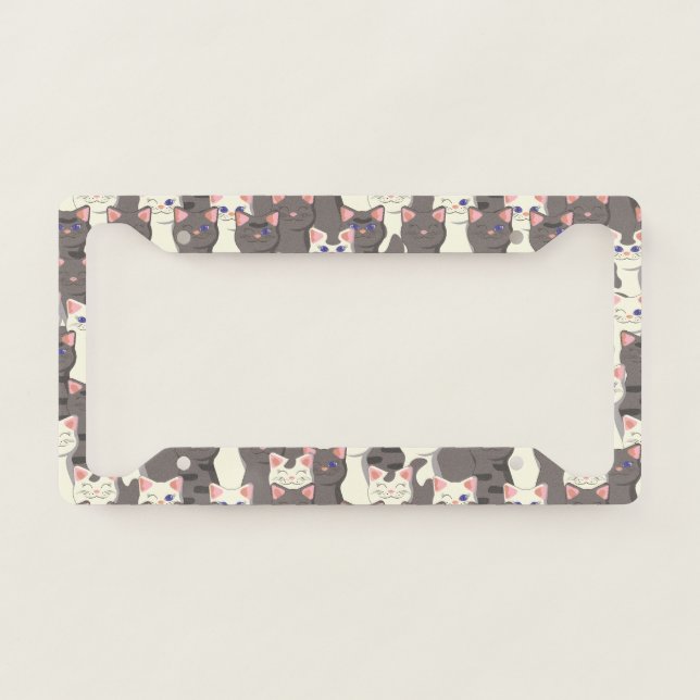 White and gray cats pattern license plate frame (Front)