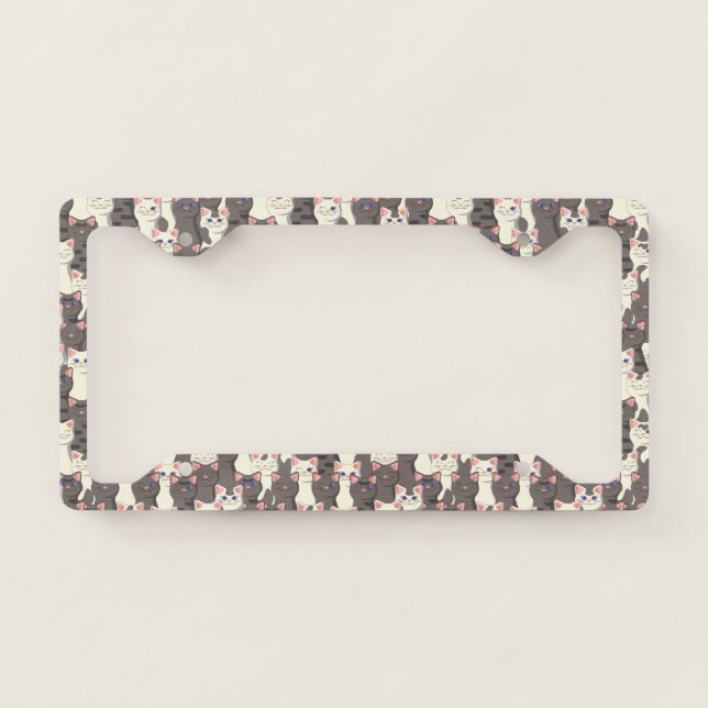 White and gray cats pattern license plate frame (Front)