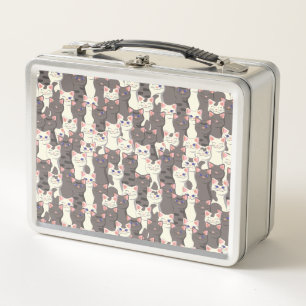 White and gray cats pattern metal lunch box