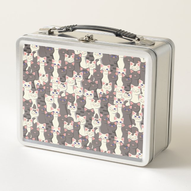 White and gray cats pattern metal lunch box (Front)