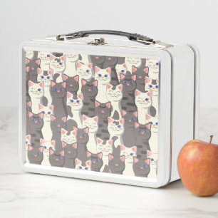 White and gray cats pattern metal lunch box