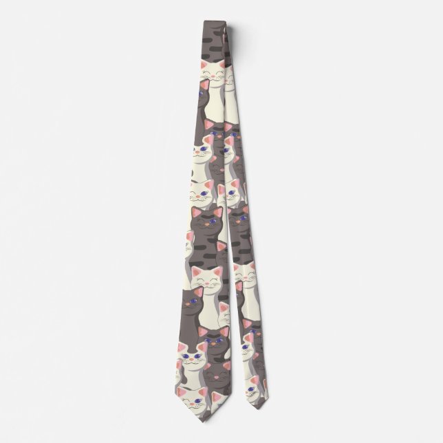 White and gray cats pattern neck tie (Front)