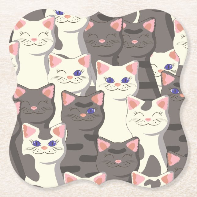 White and gray cats pattern paper coaster (Front)