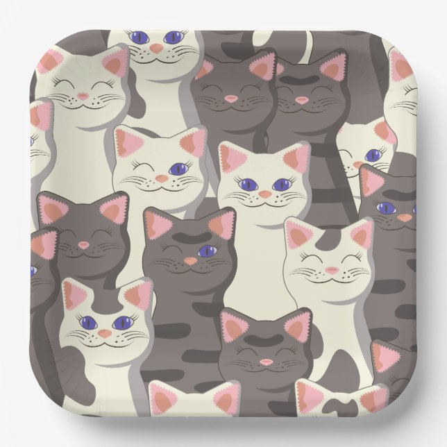 White and gray cats pattern paper plates (Front)