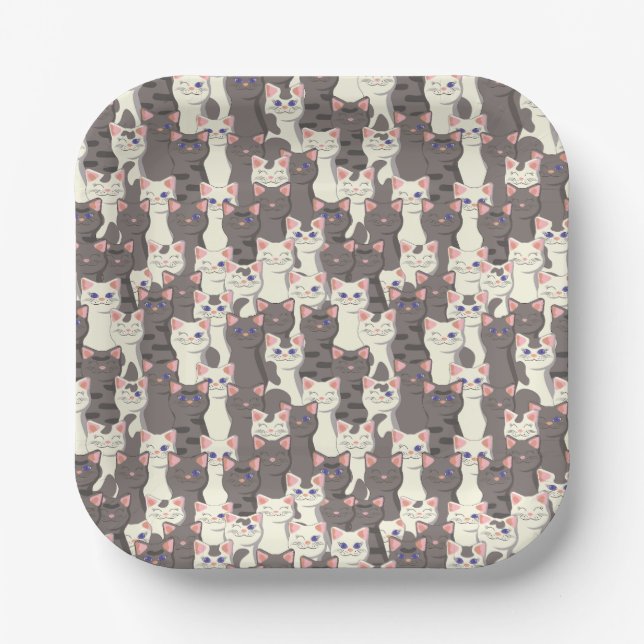White and gray cats pattern paper plates (Front)