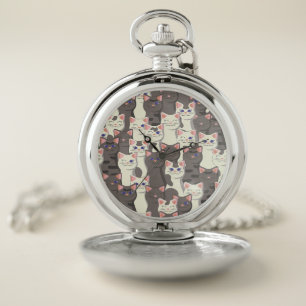 White and gray cats pattern pocket watch