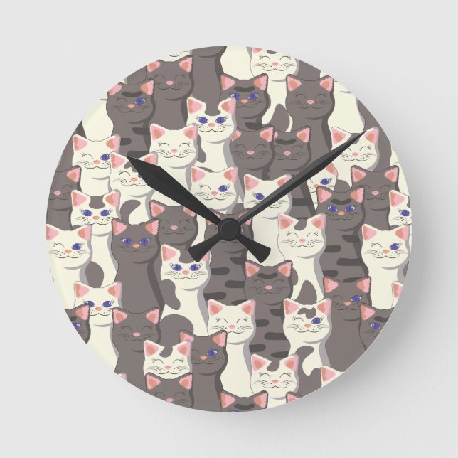 White and gray cats pattern round clock (Front)