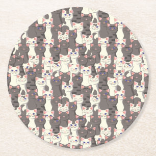 White and gray cats pattern round paper coaster