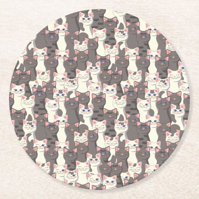 White and gray cats pattern round paper coaster (Front)