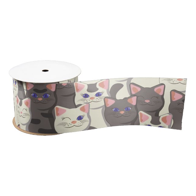 White and gray cats pattern satin ribbon (Spool)