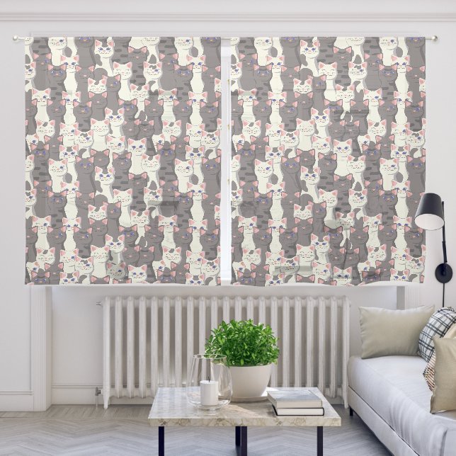 White and gray cats pattern sheer curtains (Living Room)