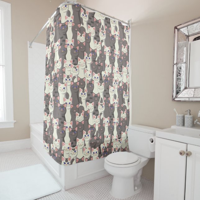 White and gray cats pattern shower curtain (In Situ)