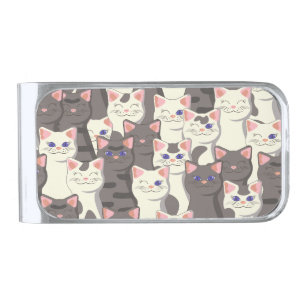 White and gray cats pattern silver finish money clip