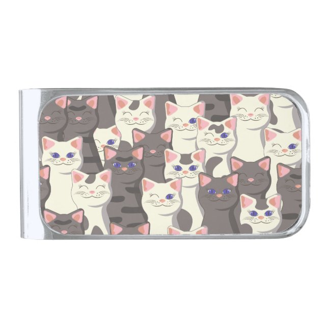 White and gray cats pattern silver finish money clip (Front)